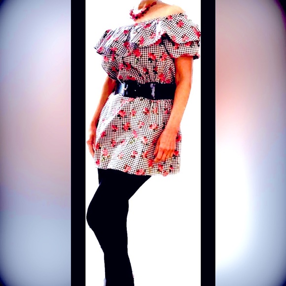 Peplum Ruffle off shoulders black and white gingham ruby rose cotton dress - Picture 1 of 16